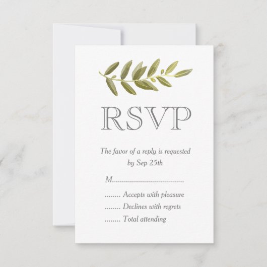 Minimalistische Groene Olijfblad Bruiloft RSVP Kaa (Voorkant)