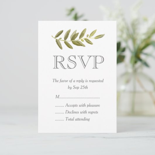 Minimalistische Groene Olijfblad Bruiloft RSVP Kaa (Staand voorkant)