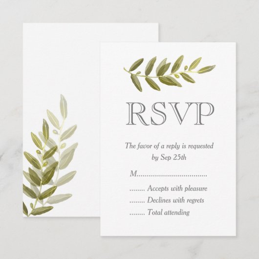 Minimalistische Groene Olijfblad Bruiloft RSVP Kaa Kaartje (Voorkant / Achterkant)