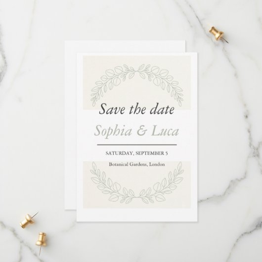 Minimalistische groene Save the Date kaart (Voorkant / Achterkant in situ)