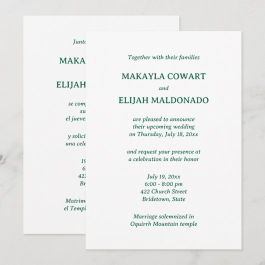 Minimalistische groene Spaans-Engelse huwelijksrec Kaart (Voorkant / Achterkant)