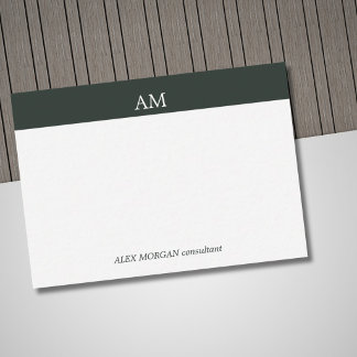 Minimalistische groene streep witte monogram zaken notitiekaartje