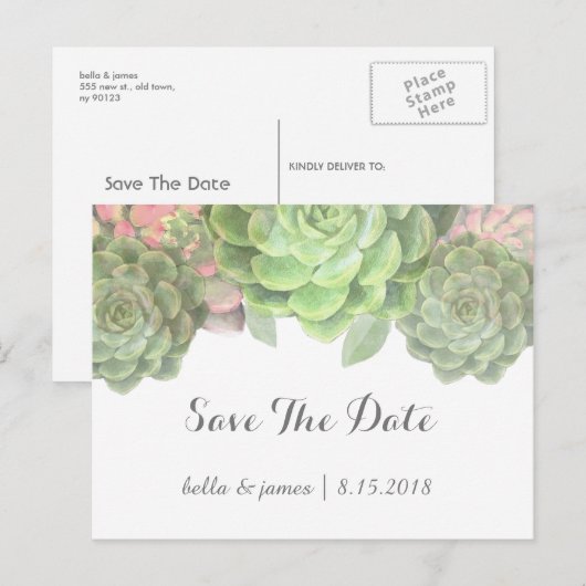 Minimalistische groene succulent Save The Date-bri Aankondigingskaart (Voorkant / Achterkant)