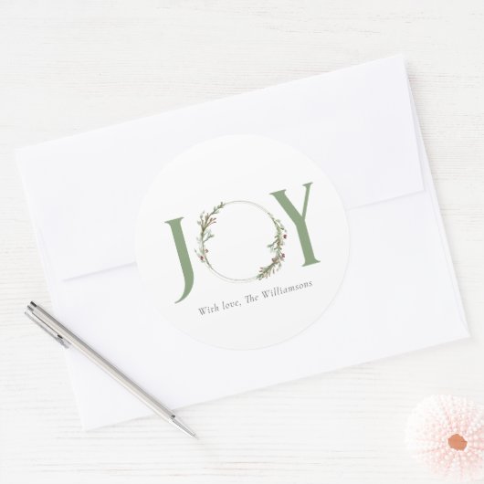 Minimalistische groene Waterverf krans Joy Christm Ronde Sticker (Envelop)