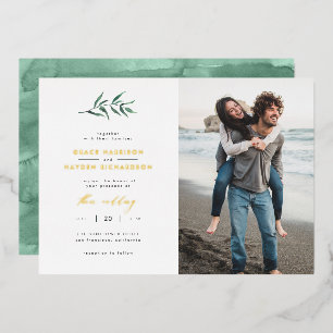Minimalistische Groene Waterverf Tak Wedding Foto Folie Uitnodiging