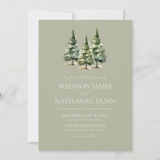 Minimalistische Groene Winter Snowy Pine Trees Wed Kaart (Voorkant)