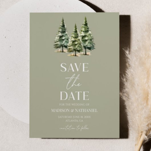 Minimalistische Groene Winter Snowy Pine Trees Wed Save The Date