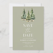 Minimalistische Groene Winter Snowy Pine Trees Wed Save The Date (Voorkant)