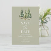 Minimalistische Groene Winter Snowy Pine Trees Wed Save The Date (Staand voorkant)