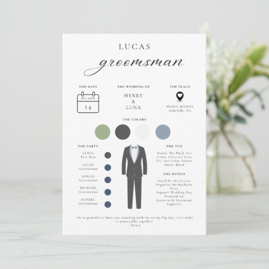 Minimalistische Groomsmen Info Kaart (Staand voorkant)