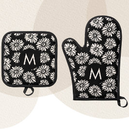 Minimalistische Groovy Zwarte en Witte Madeliefjes Ovenwant & Pannenlap Set