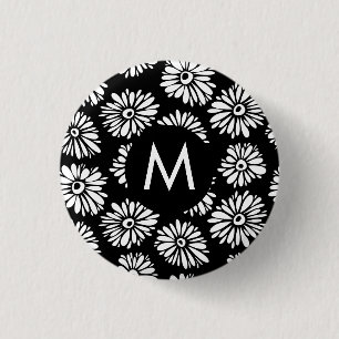 Minimalistische Groovy Zwarte en Witte Madeliefjes Ronde Button 3,2 Cm