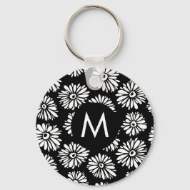 Minimalistische Groovy Zwarte en Witte Madeliefjes Sleutelhanger