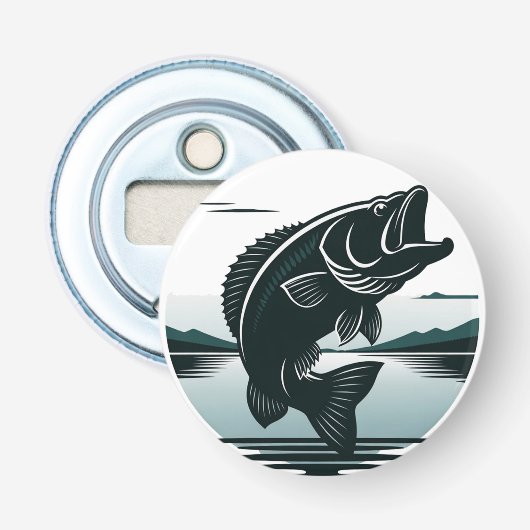 Minimalistische grote baars vissen met sprong button flesopener (Voorkant)