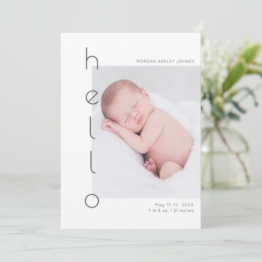 minimalistische hallo foto geboorteaankondiging kaart (Staand voorkant)