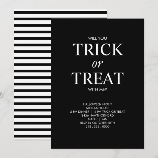 MINIMALISTISCHE HALLOWEEN TRICK OR TREAT UITNODIGI KAART (Voorkant / Achterkant)