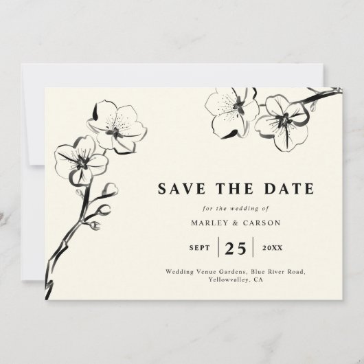 Minimalistische Hand getrokken Bloemen Ivoor Huwel Save The Date (Voorkant)