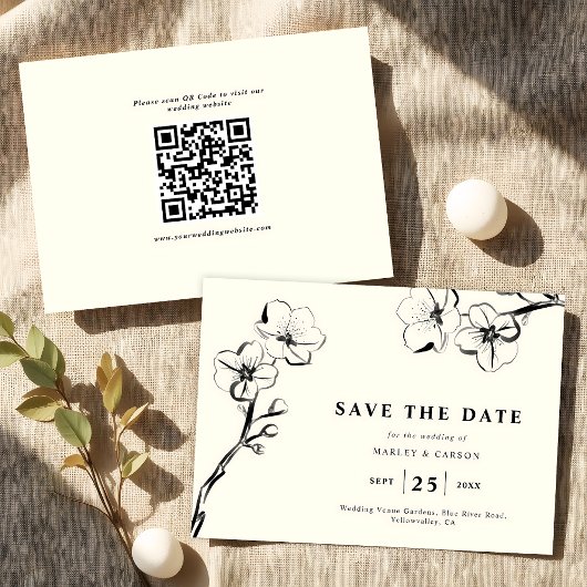 Minimalistische Hand getrokken Bloemen Ivoor Huwel Save The Date