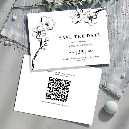 Minimalistische Hand Getrokken Bloemen Wit Huwelij Save The Date