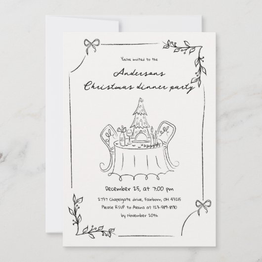 Minimalistische hand getrokken kerstdiner kaart (Voorkant)