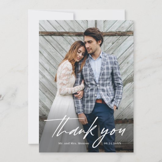 Minimalistische handgeschreven foto bruiloft bedankkaart (Voorkant)