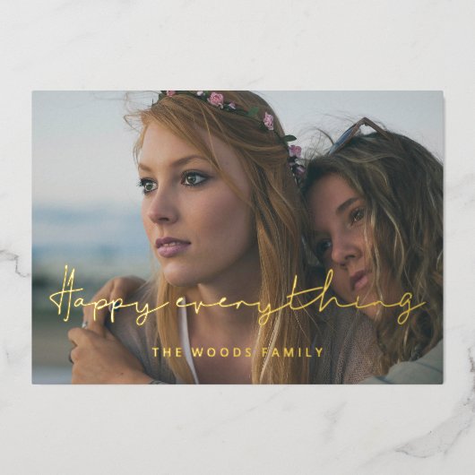 Minimalistische Handgeschreven Gelukkig Alles Foto Folie Feestdagenkaart (Voorkant)