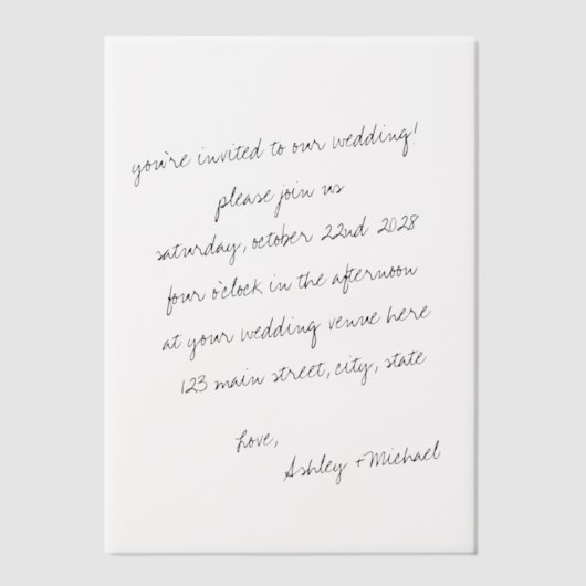 Minimalistische handgeschreven huwelijksbrief vellum uitnodigingen (Voorkant)