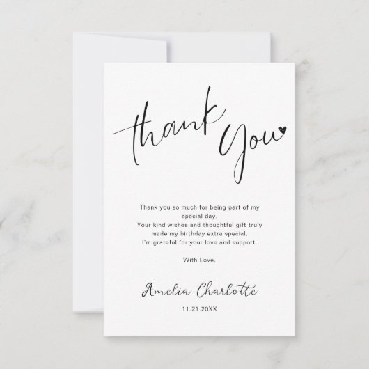 Minimalistische Handgeschreven Script Hart Verjaar Bedankkaart (Voorkant)