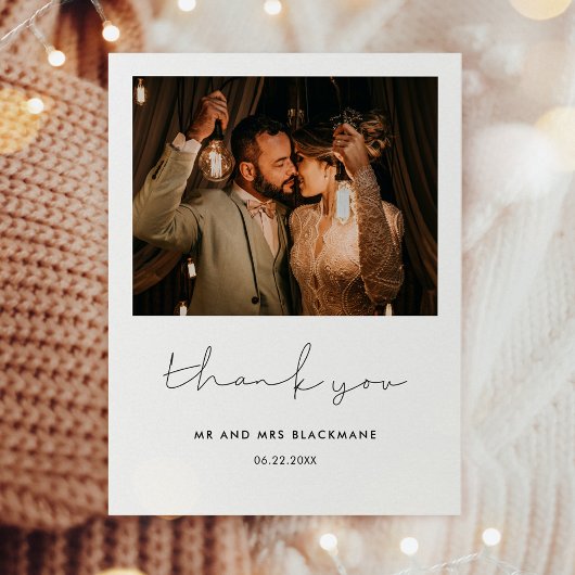 Minimalistische handgeschreven trouwfoto bedankkaart