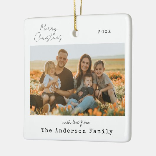 Minimalistische handgeschreven vrolijke kerstfoto keramisch ornament (Links)