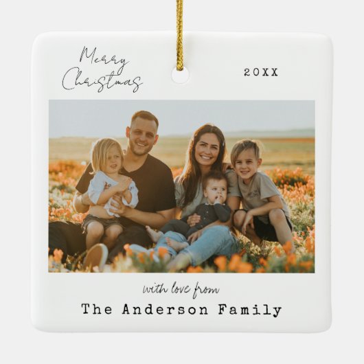Minimalistische handgeschreven vrolijke kerstfoto keramisch ornament (Achterkant)