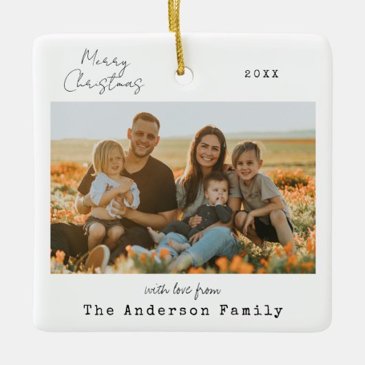 Minimalistische handgeschreven vrolijke kerstfoto keramisch ornament (Voorkant)