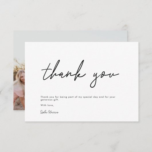 Minimalistische handgeschreven zwarte bruidsdouche bedankkaart (Voorkant / Achterkant)