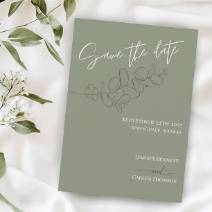 Minimalistische handgetekende bladeren groen scrip save the date