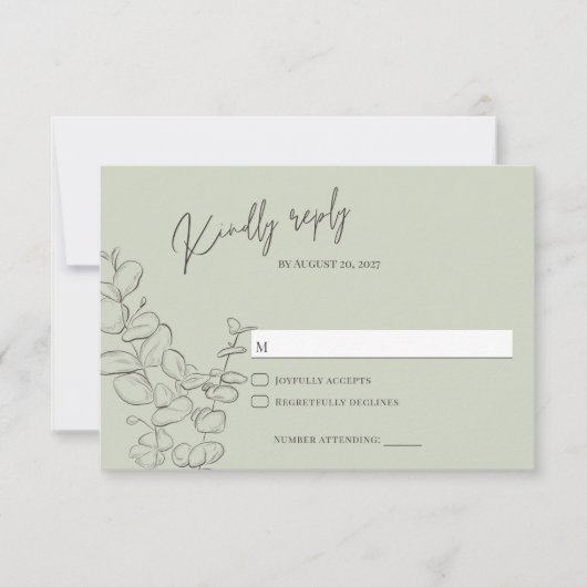 Minimalistische handgetekende eucalyptusbladeren g RSVP kaartje (Voorkant)