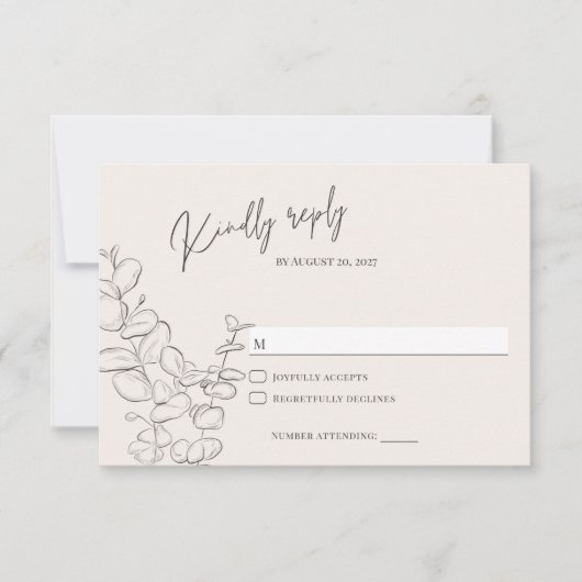 Minimalistische handgetekende eucalyptusbladeren i RSVP kaartje (Voorkant)