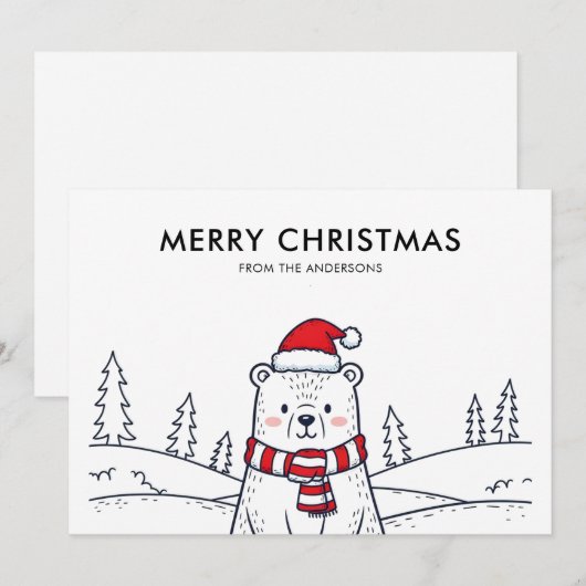 Minimalistische handgetekende Polar Beer Christmas Feestdagenkaart (Voorkant / Achterkant)