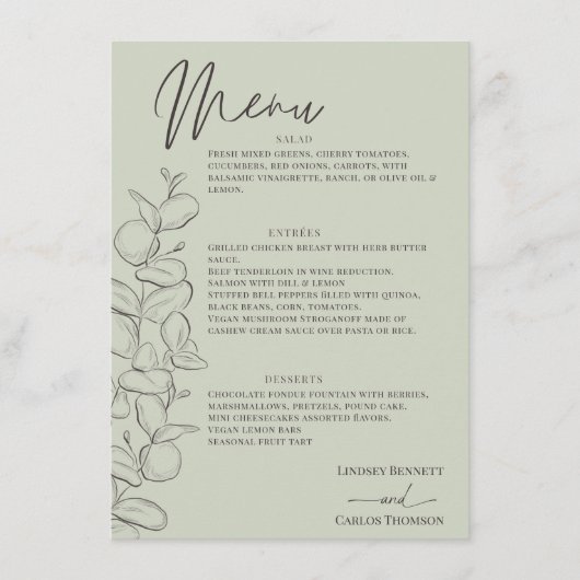 Minimalistische handgetekende verlaat groen script menu (Voorkant)