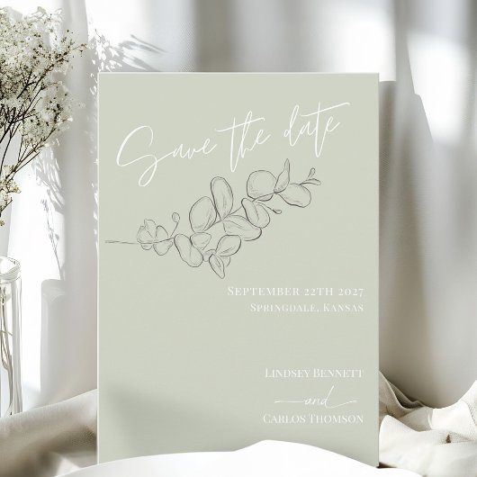 Minimalistische handgetekende verlaat groen script save the date