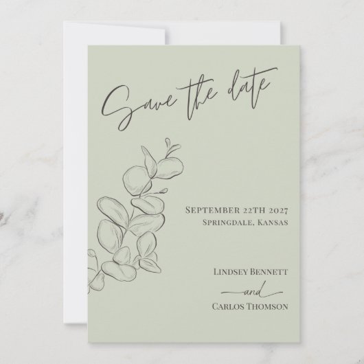 Minimalistische handgetekende verlaat groen script save the date (Voorkant)