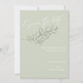 Minimalistische handgetekende verlaat groen script save the date (Voorkant)