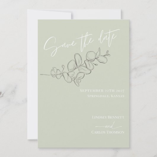 Minimalistische handgetekende verlaat groen script save the date (Voorkant)
