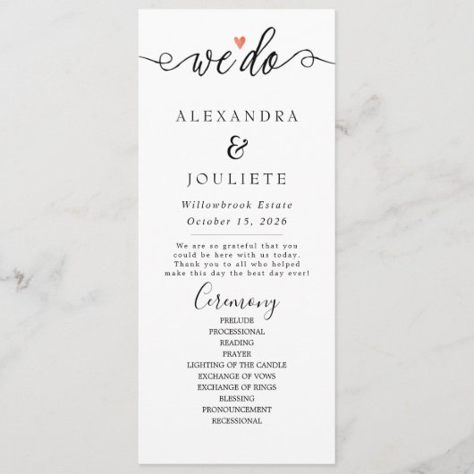 Minimalistische handschrift eenvoudige moderne bru programmakaart (Voorkant)