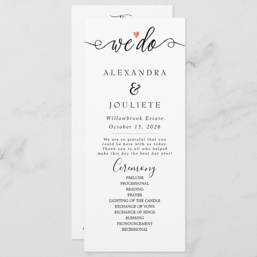 Minimalistische handschrift eenvoudige moderne bru programmakaart (Voorkant / Achterkant)