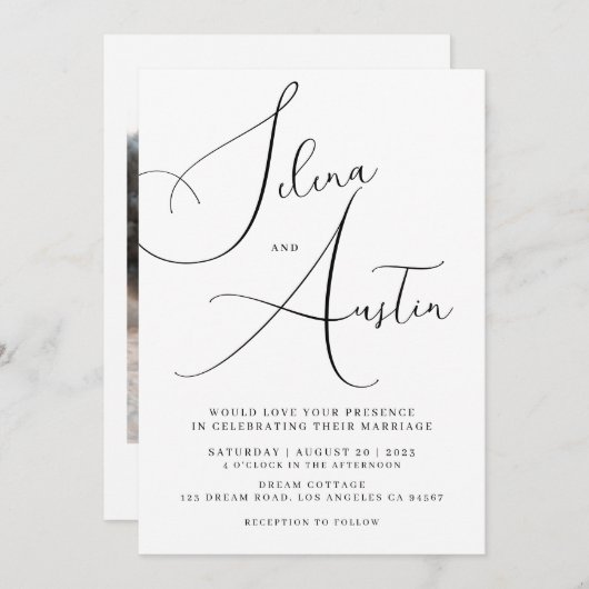 Minimalistische handscripttekst en fotobruiloft kaart (Voorkant / Achterkant)