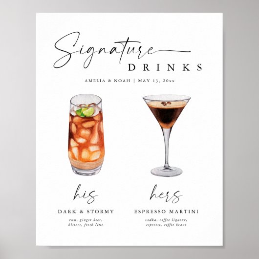 Minimalistische Handtekening Drinken Trouwbord Bar Poster (Voorkant)