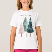 Minimalistische Happy Holiday Waterverf Trees T-shirt (Voorkant)