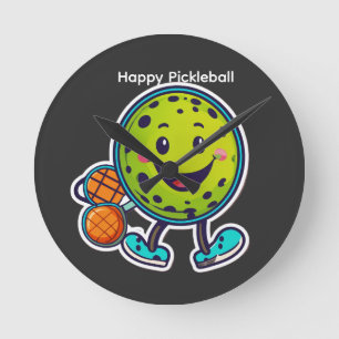 Minimalistische Happy Pickleball Cartoon Sticker Ronde Klok