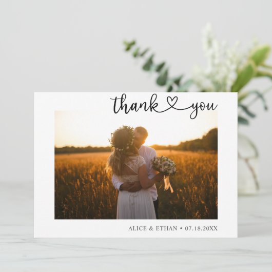 Minimalistische hart kalligrafie foto bruiloft bedankkaart (Staand voorkant)