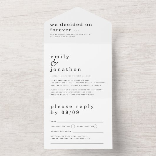 Minimalistische hedendaagse tekst elke kleur bruil all in one uitnodiging (Binnen)